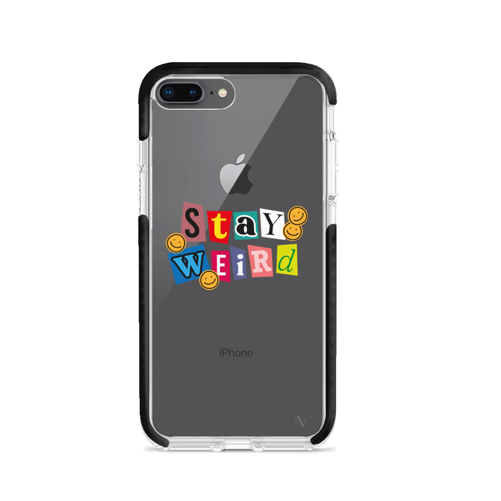 MAAD Stay Weird clear case for iPhone 7/8 Plus, featuring a stylish design and slim profile for protection.